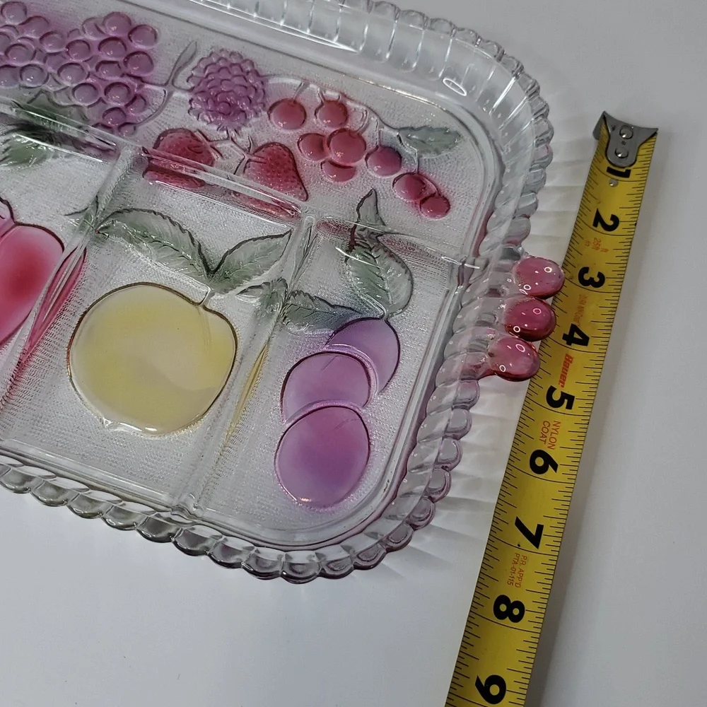 Vintage Clear Glass Divided‎ Relish Tray with Fruit Design and Pink Handles